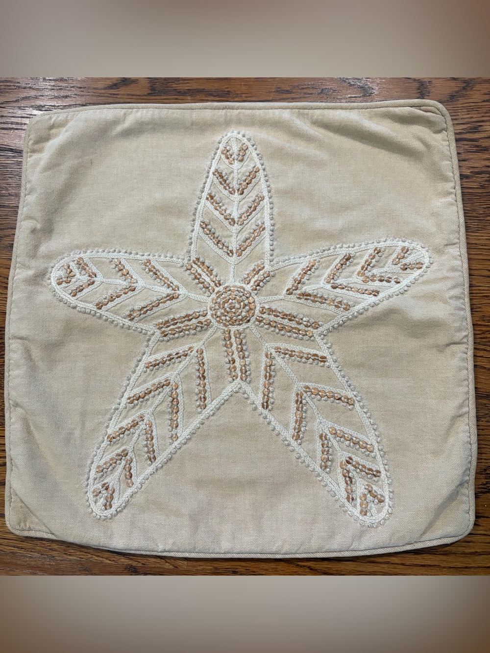 Pottery Barn Pillow Cover Beaded Starfish 18x18 Linen Nautical Coastal Beach